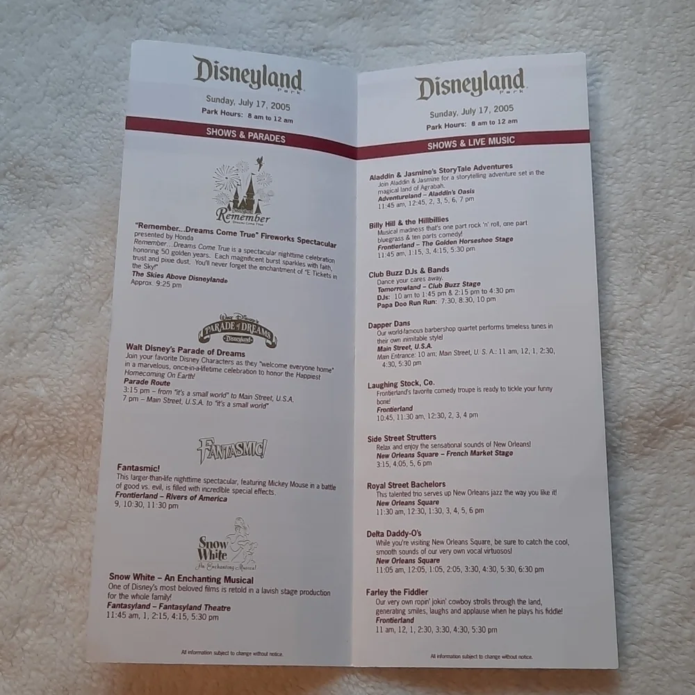 Disneyland July 17 2005 Entertainment Time guide 50th anniversary